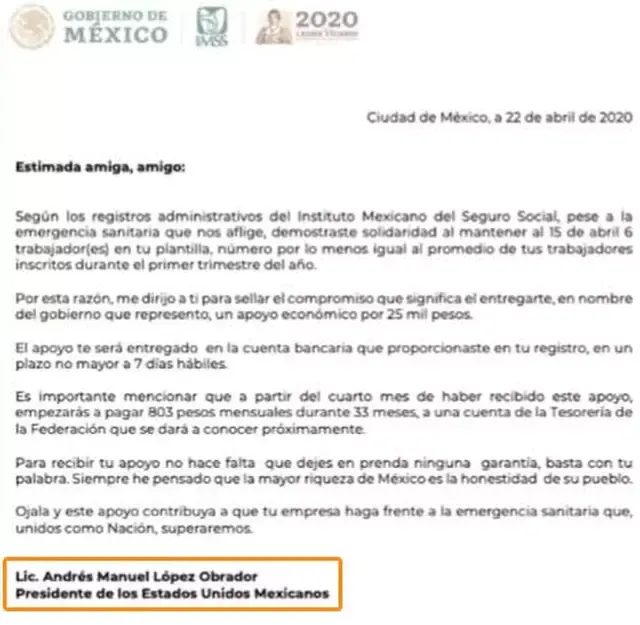 Nombre de AMLO en las cartas sobre los créditos entregados a las PYMES en México. (Foto: Infobae)