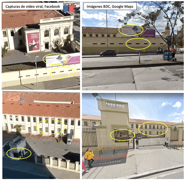 Comparación entre el video viral (izquierda) e imágenes de Google Maps del proyecto BDC en Bogotá (derecha). Foto: composición LR/Facebook/Google Maps