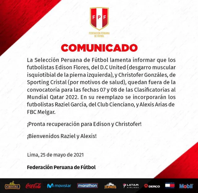 Comunicado de la selección peruana. Foto: Twitter