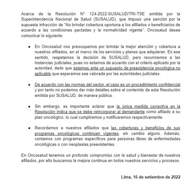 Comunicado de SuSalud.