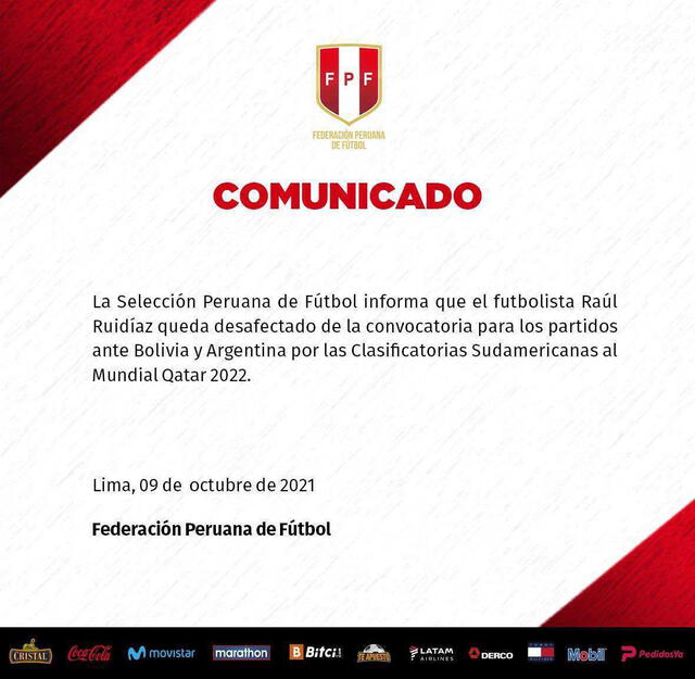Raúl Ruidíaz se lesionó y no jugará ante Bolivia y Argentina. Foto: FPF