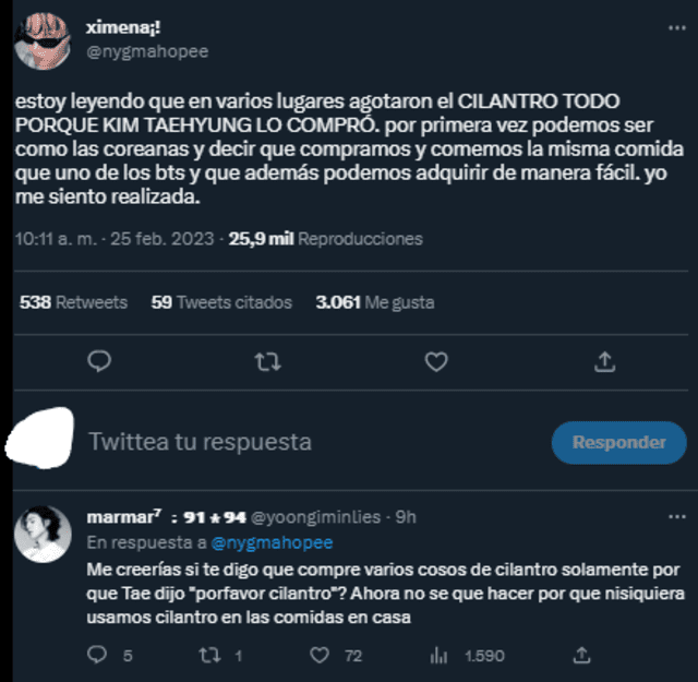  Comentario de ARMY sobre la compra del cilantro y Taehyung de BTS. Foto: captura Twitter   