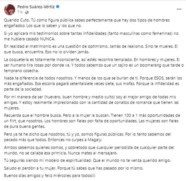  'Cuto' Guadalupe recibe fuerte opinión de Pedro Suárez Vértiz sobre 'ampay'. Foto: Facebook / Pedro Suárez Vértiz.<br><br>  