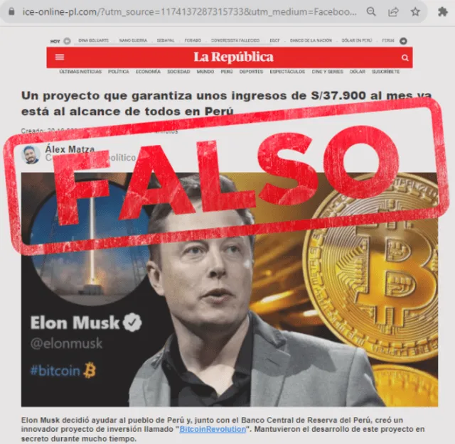  Desinformación sobre la República, el BCR y Elon Musk: ninguno promociona, en realidad, el supuesto proyecto de inversión Bitcoin Revolution. Foto: captura en web.&nbsp;<br><br>    