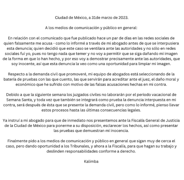 Kalimba niega haber abusado de Melissa Galindo. Foto: Instagram/Kalimbo   