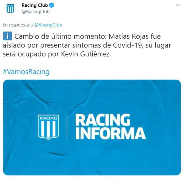 Racing informó que Matías Rojas dio positivo por COVID-19.
