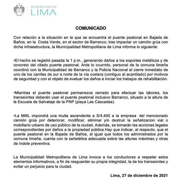 Comunicado fue emitido en las redes oficiales del municipio. Foto: Municipalidad de Lima