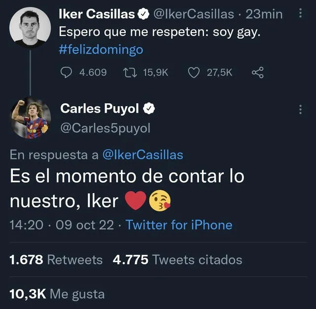 Comentario de Carles Puyol a la polémica publicación de Iker Casillas. Foto: captura de Twitter
