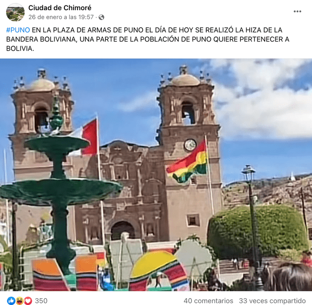 Foto difundida de la plaza de Armas de Puno con la bandera de Bolivia. Foto: captura LR/Facebook.   