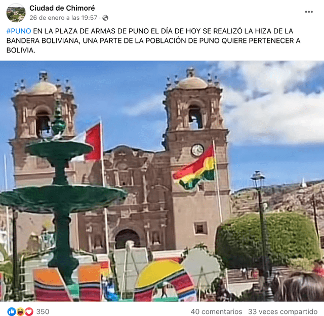  Publicación que reproduce el bulo de que en Puno izaron la bandera de Bolivia. Foto: captura de Facebook   