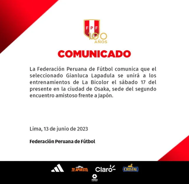 Comunicado de la Federación Peruana de Fútbol. Foto: Twitter   