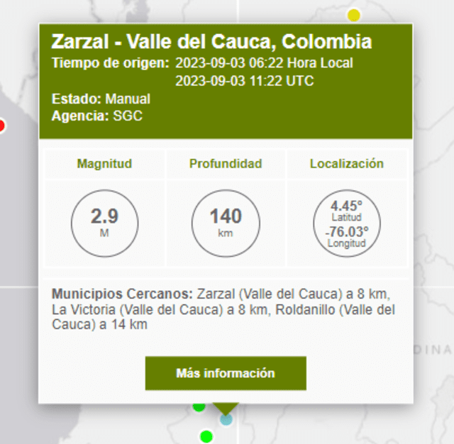 Último temblor registrado en Colombia. Foto: SGC