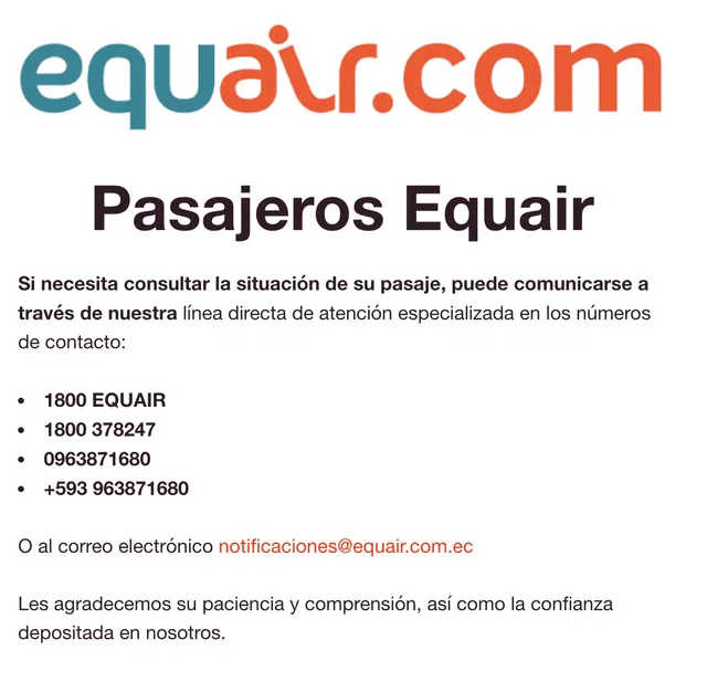 equair cierra operaciones | Ecuador | aerolínea Equair | reembolso pasajes de equair | Tame | cierre Equair | canales de activación | Latam 