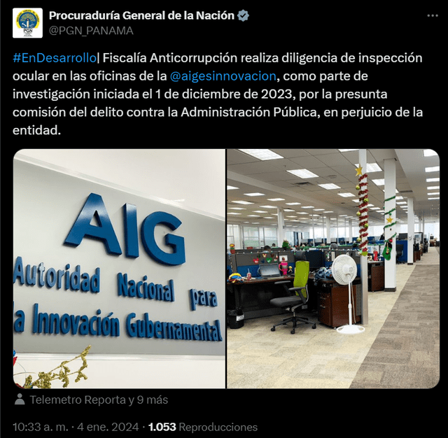 Así dio conocer la Procuraduría General de la Nación la investigación contra la AIG. Foto: x/PGN_PANAMA   