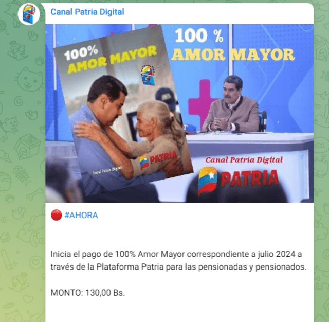 El Bono Amor Mayor llegó el 5 de julio. Foto: Canal Patria Digital/Telegram