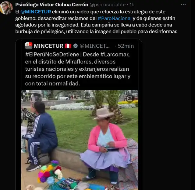 Esta fue una de las crítica que recibió la publicación del Mincetur. Foto: Víctor Ochoa / X Esta fue una de las crítica que recibió la publicación del Mincetur. Foto: Víctor Ochoa / X