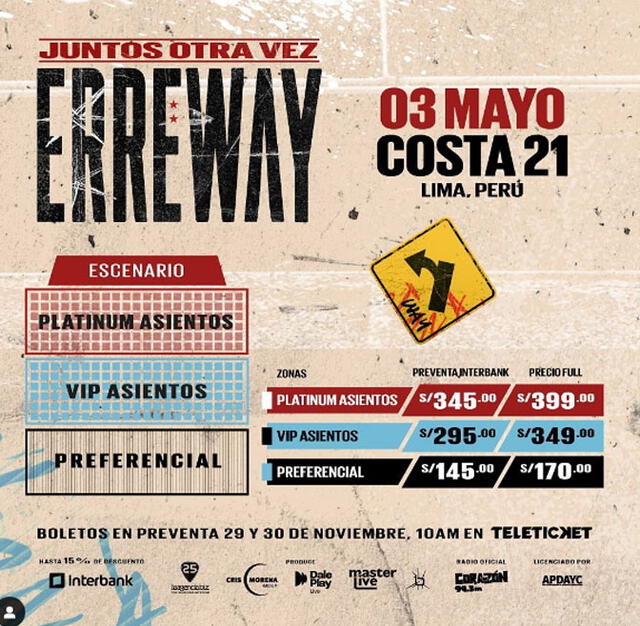  Precios de las entradas para el concierto de Erreway 2025. Foto: Teleticket   