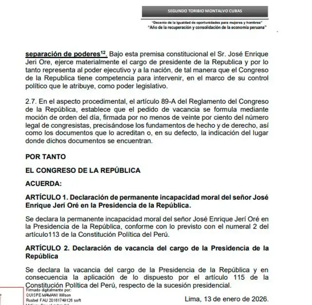  Moción de vacancia presentada contra José Jerí   