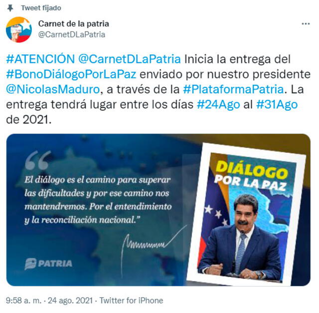 Las plataformas del Gobierno venezolano anunciaron la entrega del Bono Diálogo por la Paz. Foto: CarnetDLaPatria/Twitter