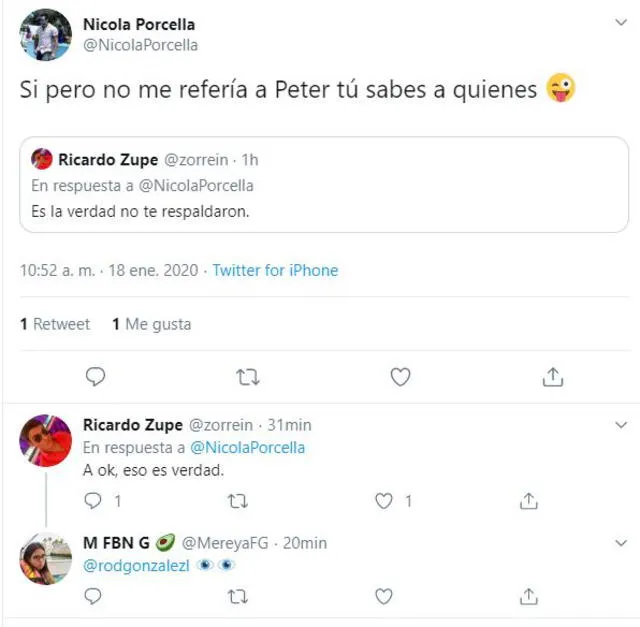 Nicola Porcella responde a 'Zorro' Supe en Twitter.
