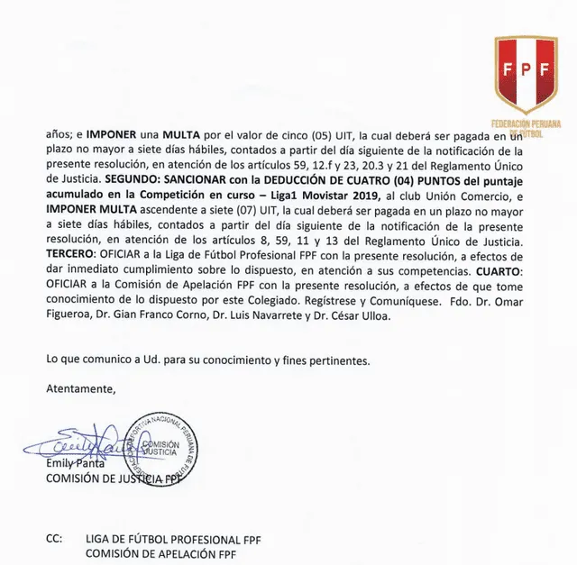 Resolución de la Federación Peruana de Fútbol en la que se determina la pérdida de puntos del cuadro selvático.