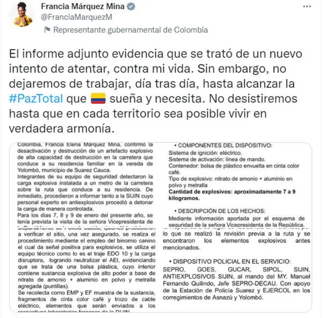 La vicepresidenta, Francia Márquez, usó sus redes para compartir su denuncia. Foto: captura @FranciaMarquezM/Twitter