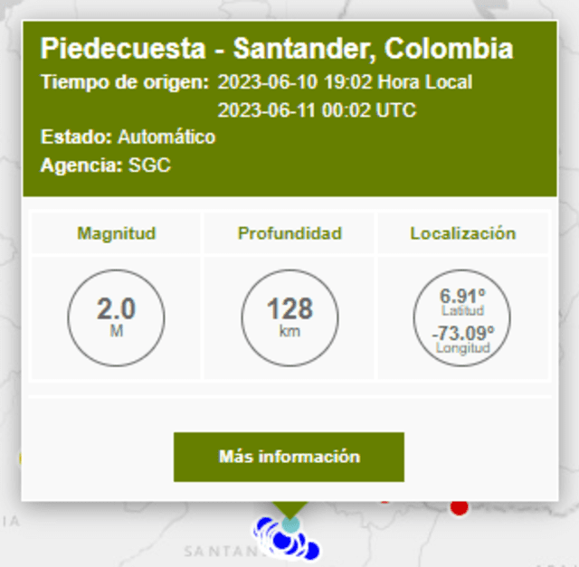 Último sismo registrado en Colombia. Foto: SGC.