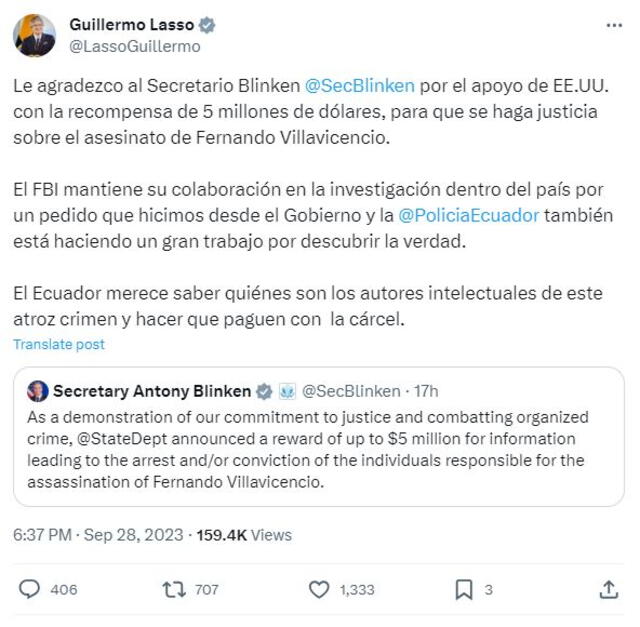 El presidente ecuatoriano Guillermo Lasso agradece al Gobierno de Estados Unidos. Foto: @LassoGuillermo 