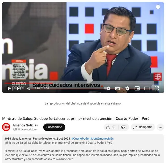  Imagen original del ministro de Salud, César Vásquez. Foto: captura en Youtube / América TV.    