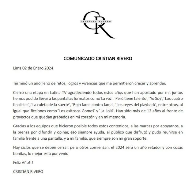 Cristian Rivero calificó su 2023 como un año "lleno de retos". Foto: Comunicado / Cristian Rivero 