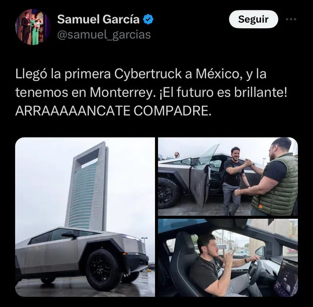 Así publicó Samuel García la obtención de la Cybertruck de Tesla en Nuevo León. Foto: Twitter   