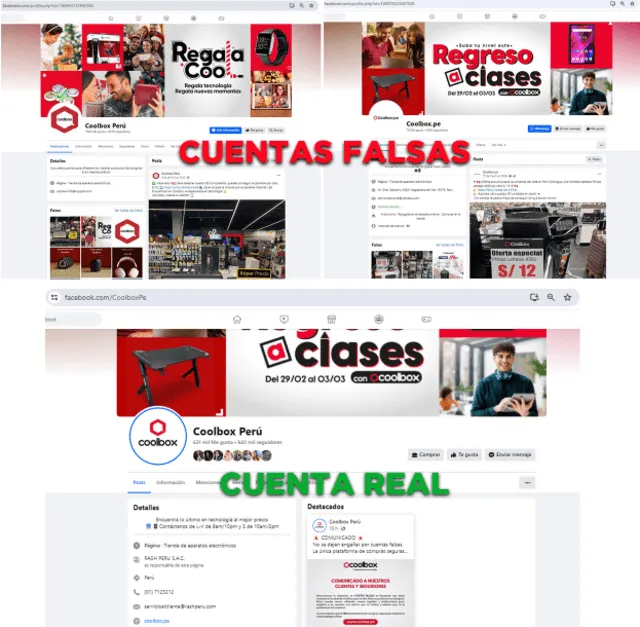 Las cuentas falsas vs. la cuenta real en Facebook de Coolbox Perú. Foto: composición - capturas en Facebook / Facebook - Coolbox Perú.   