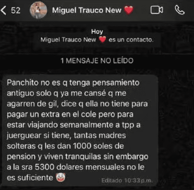El conductor enseñó la conversación donde Miguel Trauco le confirmó que Gálvez recibía 5300 dólares de pensión de alimentos. Foto: Francisco Arévalo 