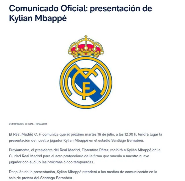 Comunicado del Real Madrid sobre Kylian Mbappé. Foto: Real Madrid   