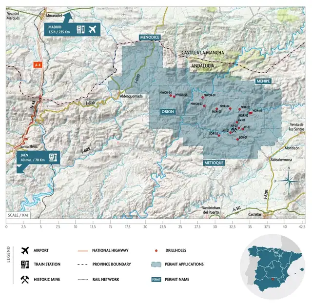  El mapa que muestra la ubicación del Proyecto Orion EU Critical Minerals, en Jaén. Foto: Osmondre Sources<br>    