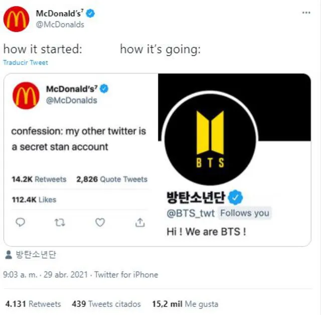 Interacciones en Twitter de McDonald's y BTS. Foto: captura