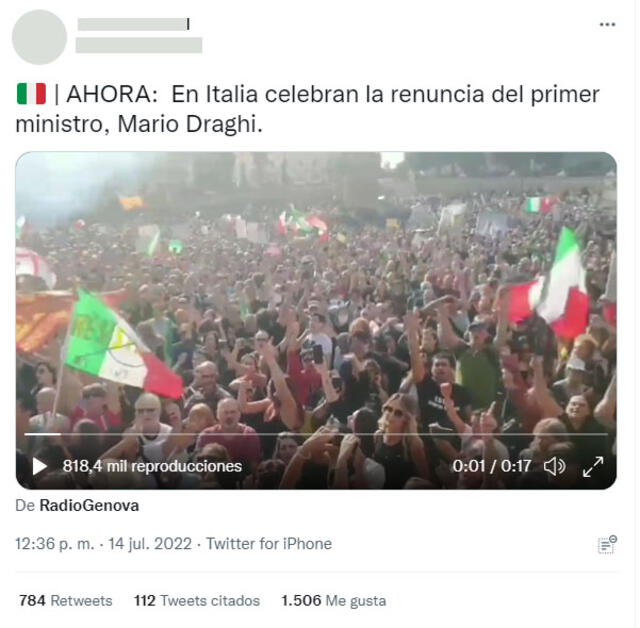Publicación que asegura que el video muestra celebración por la renuncia de Mario Draghi. Foto: captura en Twitter.