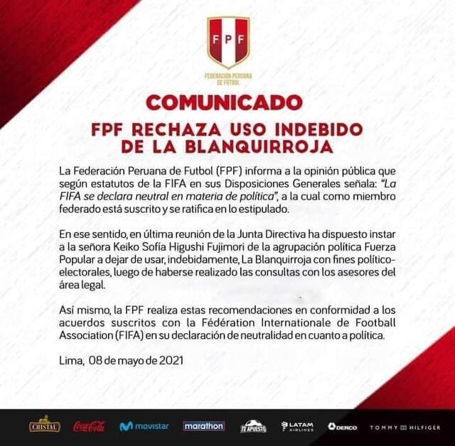 Comunicado falso de la Federación Peruana de Fútbol. Foto: captura en Facebook