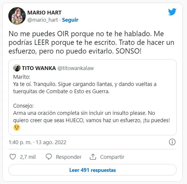 13.8.2022 | Tuits entre Mario Hart y Tito Wanka. Foto: captura Twitter