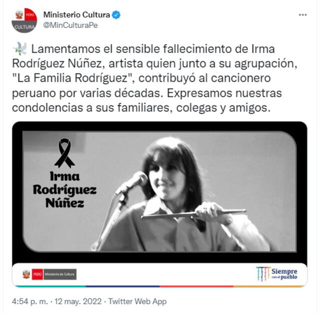 12.5.2022 | Publicación del Ministerio de Cultura sobre la muerte de Irma Rodríguez Núñez. Foto: captura Twitter