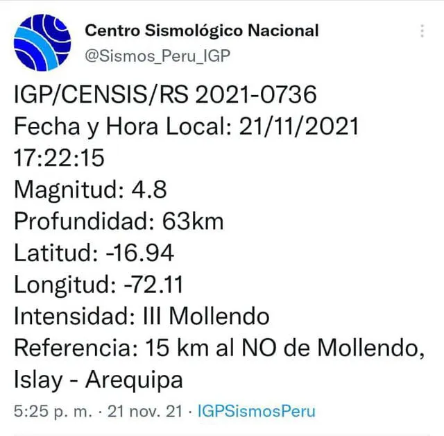 Datos del sismo en Arequipa. Foto: Twitter IGP”