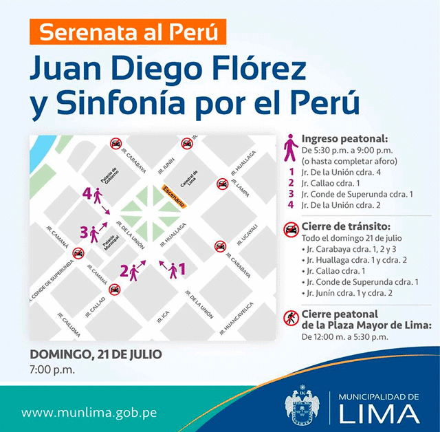 Mapa de cierre de calles e ingresos peatonales por "Serenata al Perú". Foto: Municipalidad de Lima