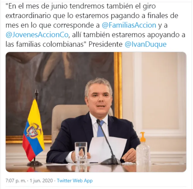 El presidente Iván Duque anunció que habrá una nueva entrega del subsidio Famlias en Acción en Colombia durante el mes de junio. (Foto: Twitter)