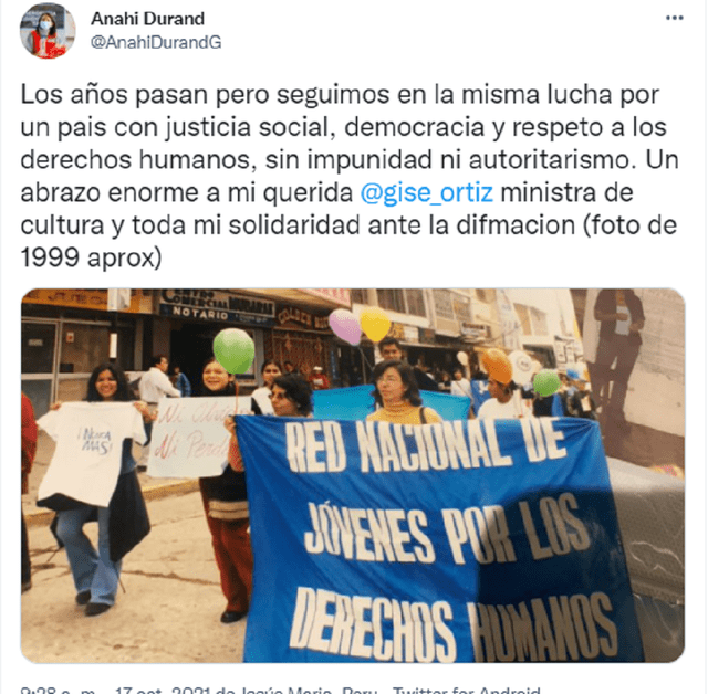 Anahí Durand expresa respaldo a ministra Gisela Ortiz. Foto: Twitter