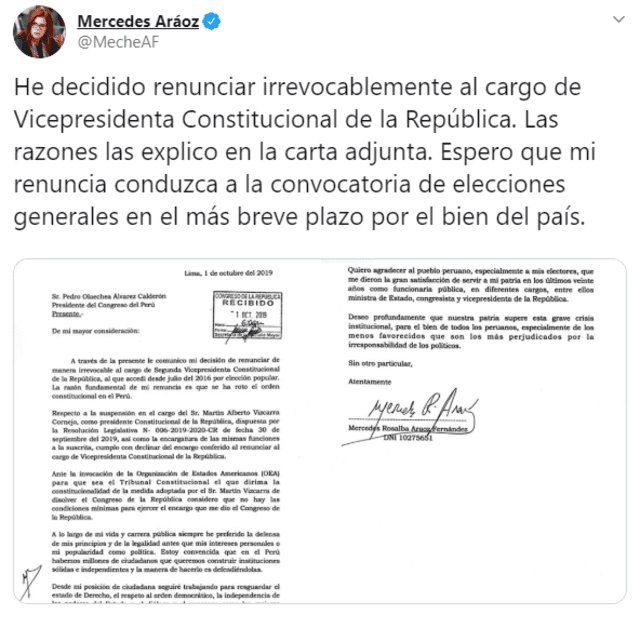Tweet en el que Aráoz anuncia su renuncia a la vicepresidencia.