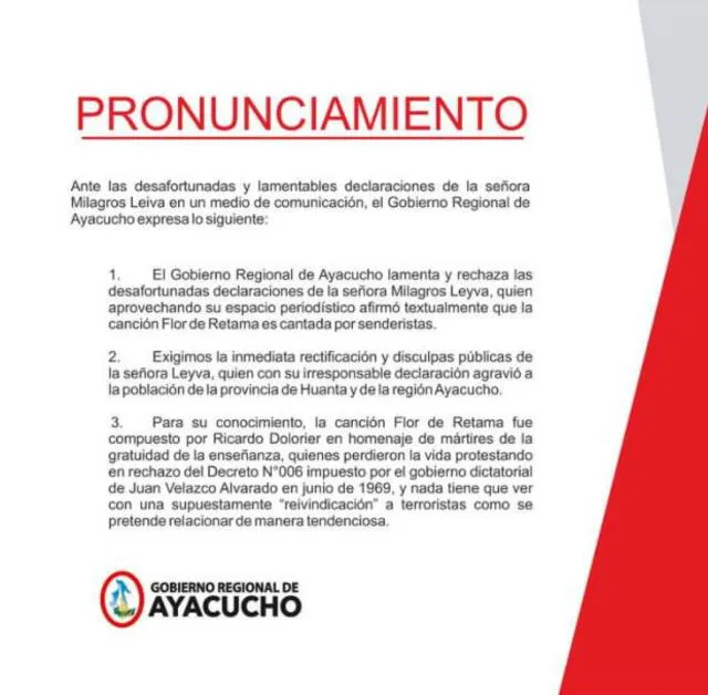 Pronunciamiento del Gobierno Regional de Ayacucho. Foto: Twitter