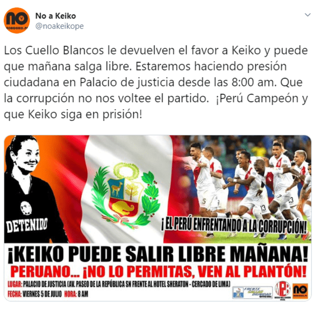 Plantón contra liberación de Keiko Fujimori. Foto: Captura Twitter.