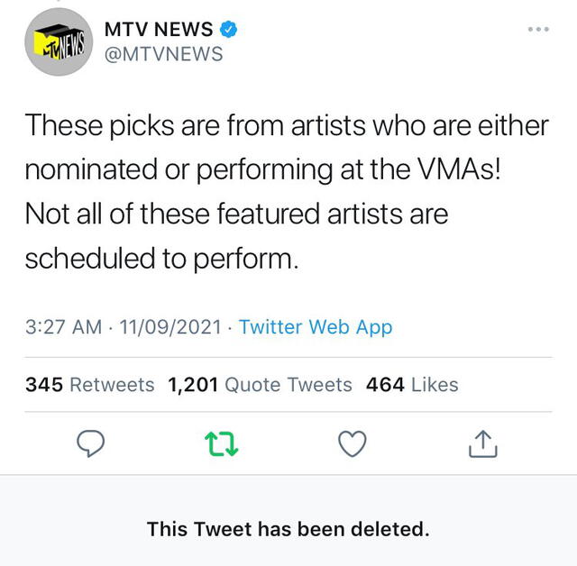 Publicaciones de MTV que luego fueron borradas. Foto: captura Twitter.