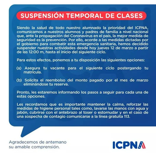ICPNA: suspensión de clases.