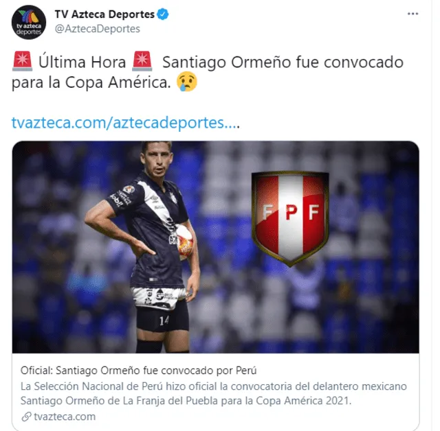 TV Azteca informó sobre la convocatoria de Santiago Ormeño a la selección peruana.